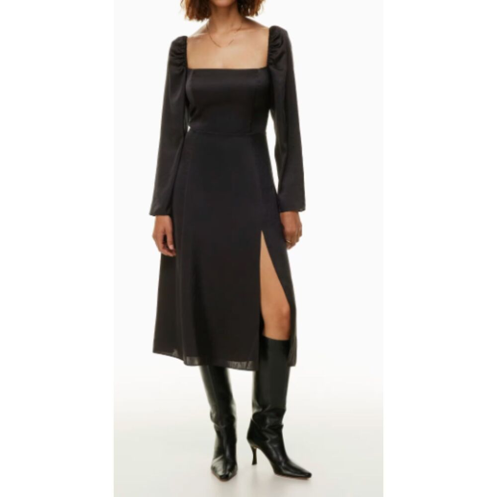 Aritzia Wilfred Bridgerton Satin midi dress Black slit Size XS 0